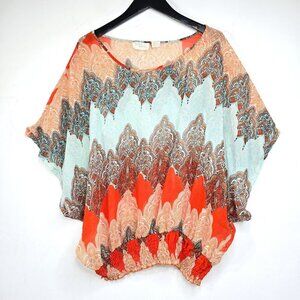 Allison Brittney Orange BOho Paisley Sheer Smocked Relaxed Fit Blouse